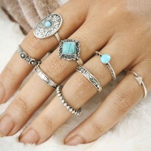8 piece silver and turquoise boho midi ring set